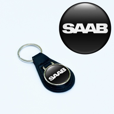 Saab Key Fob Leather Black White Classic Logo