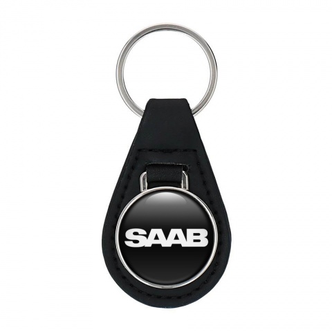 Saab Key Fob Leather Black White Classic Logo