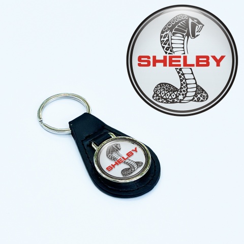 Ford Shelby Cobra Keychain Leather Silver Pearl Black Logo