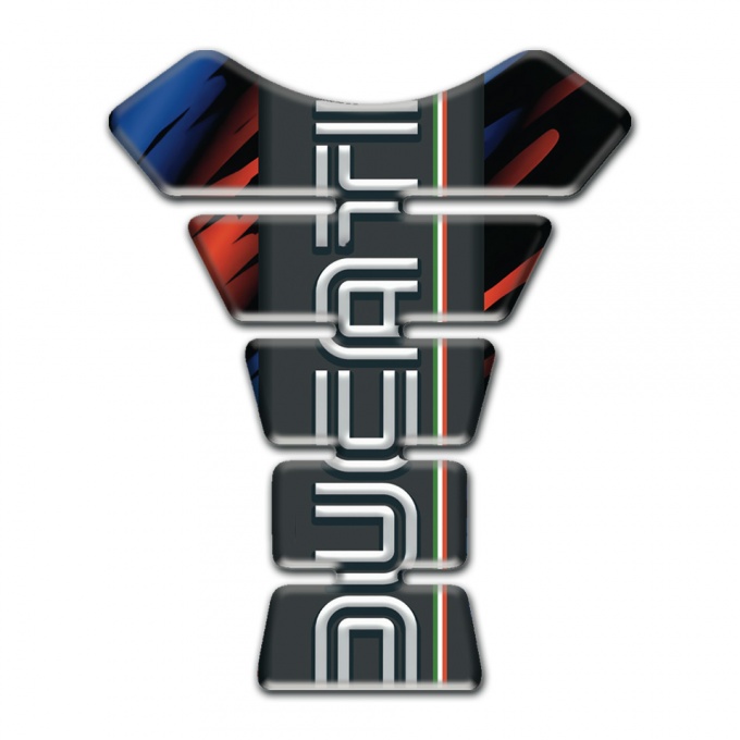 Ducati Tank Guard Pads Black base with Red Blue patterns and Vertical Logo 