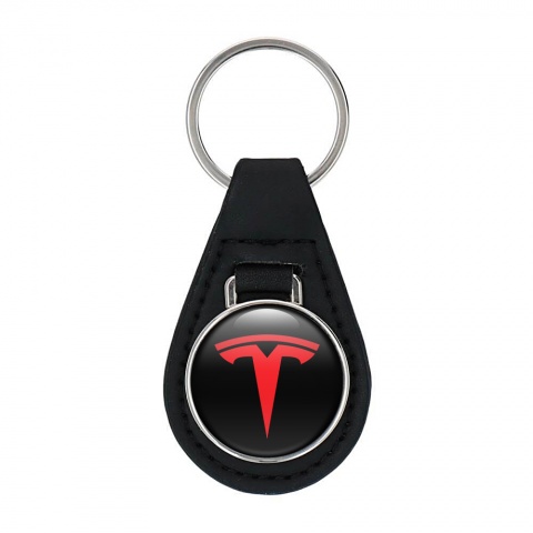 Tesla Keychain Leather Black Red Clean Logo