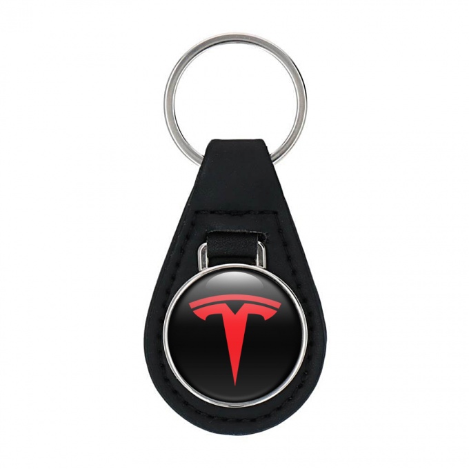Tesla Keychain Leather Black Red Clean Logo