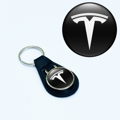 Tesla Key Fob Leather Black White Clean Logo