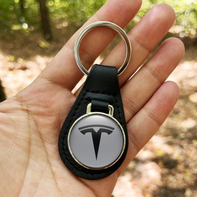 Tesla Keyring Holder Leather Silver Black Clean Logo