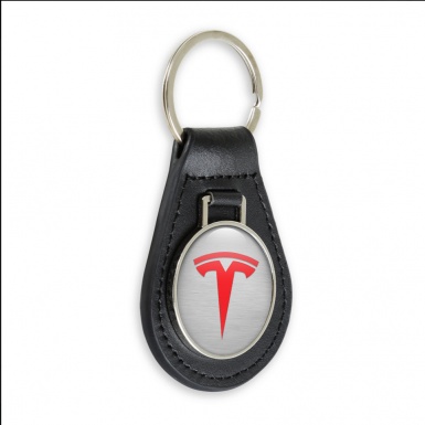 Tesla Leather Keychain Silver Red Clean Logo