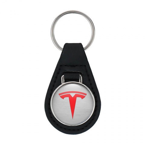 Tesla Leather Keychain Silver Red Clean Logo