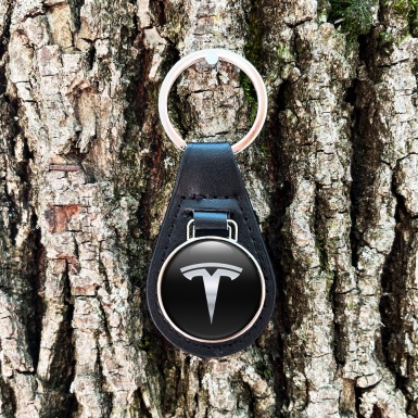 Tesla Key Fob Leather Black Metallic Clean Logo