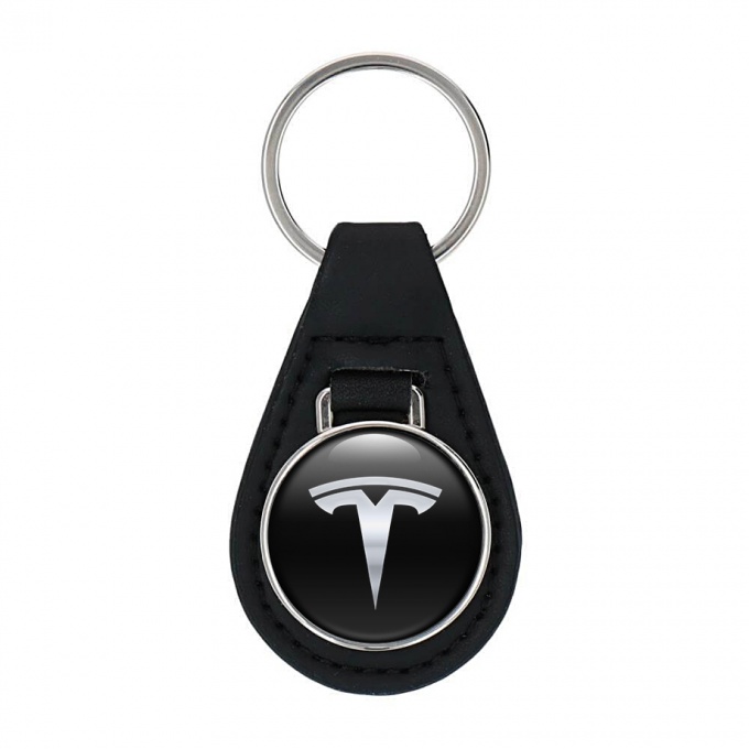 Tesla Key Fob Leather Black Metallic Clean Logo