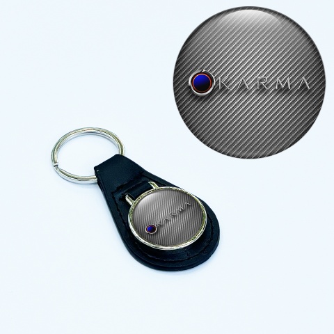 Karma Leather Keychain Dark Carbon Blue Eclipse Logo