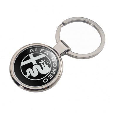 Alfa Romeo Keychain Metal Black Silver Ring White Logo Design