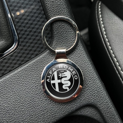 Alfa Romeo Keychain Metal Black Silver Ring White Logo Design