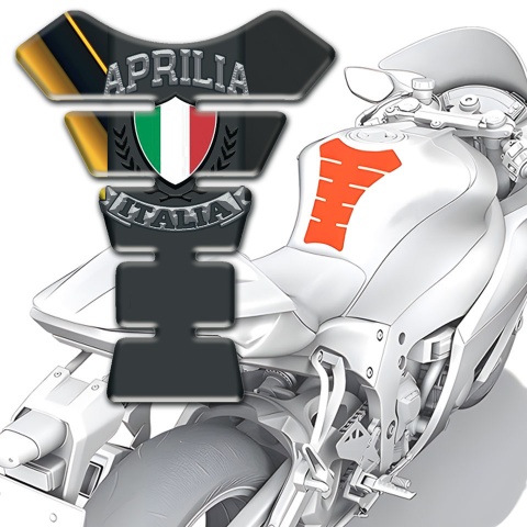 Aprilia Tank Pad Motorbike Black with Yellow Bands Base Italian Flag Logo