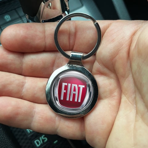 Fiat Metal Key Ring Silver Circle Red Tint Logo Design