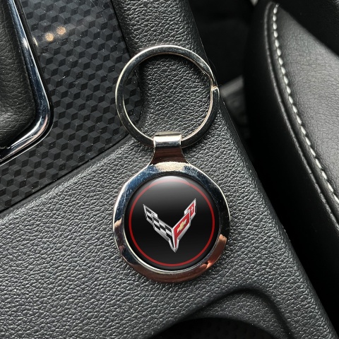 Chevrolet Corvette Metal Key Ring Black Red Circle Clean Logo Design