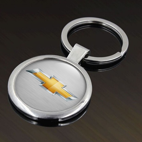 Chevrolet Metal Key Ring Light Grey Metallic Mesh Gold Logo Design