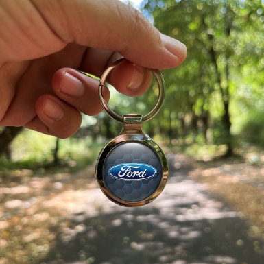 Ford Metal Fob Chain Dark Graphite Neon Honeycomb Blue Logo Design