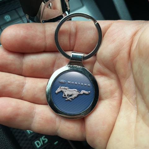 Ford Mustang Metal Key Ring Navy Blue Carbon Chrome Logo Design