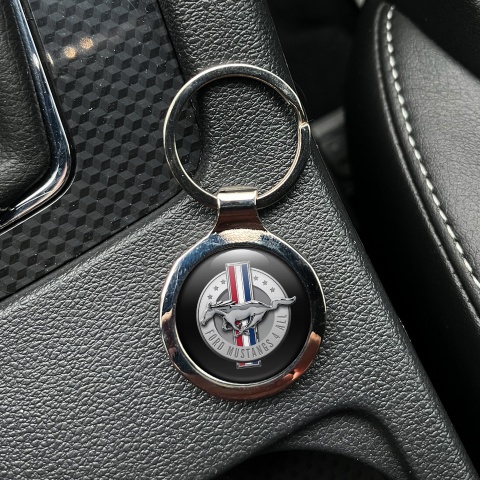 Ford Mustang Keychain Metal Black Silver Circle Chrome Logo