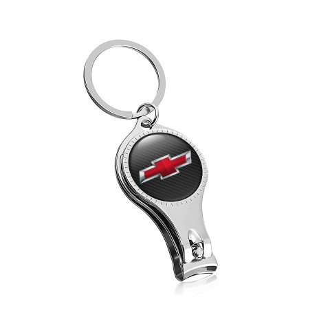 Chevrolet Keychain Ring Nail Clipper Dark Carbon Chrome Outline Red Domed Emblem