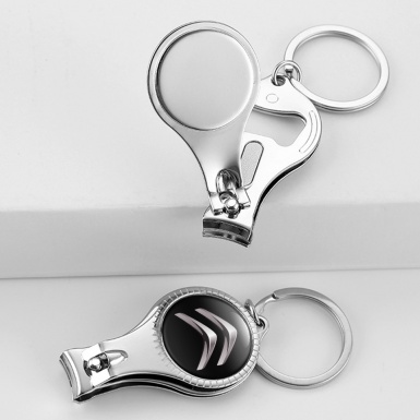 Citroen Keychain Ring Nail Clipper Classic Black Dark Chrome Logo Domed Emblem