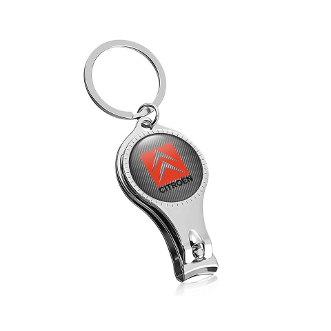 Citroen Keychain Ring Nail Trimmer Dark Carbon Red Rectangle Logo Domed Design
