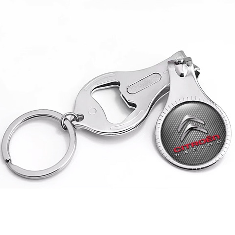 Citroen Racing Keychain Ring Fingernail Trimmer Dark Carbon Chrome Logo Domed Emblem