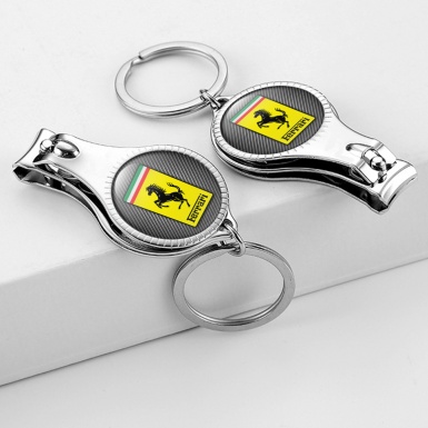 Ferrari Keychain Ring Nailclipper Dark Carbon Classic Rectangle Domed Style Emblem