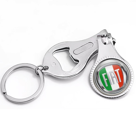 Fiat Key Fob Ring Nail Trimmer Silver Chrome 3D Ring Italian Flag Domed Emblem