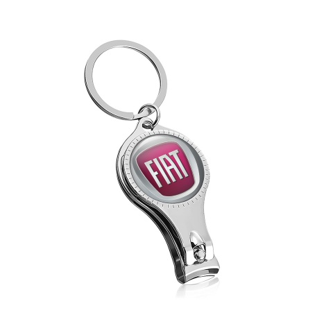 Fiat Key Chain Ring Nail Trimmer Grey Chrome 3D Ring Dark Red Base Style Domed Emblem