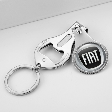 Fiat Key Chain Ring Nail Trimmer Grey Chrome 3D Ring Black Striped Style Domed Sticker