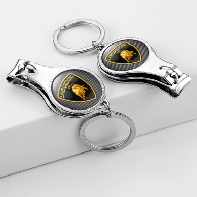Lamborghini Key Fob Chain Fingernail Clipper Dark Carbon Classic Golden Shield Domed Emblem