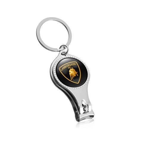 Lamborghini Key Fob Chain Fingernail Clipper Classic Black Golden Shield Domed Emblem
