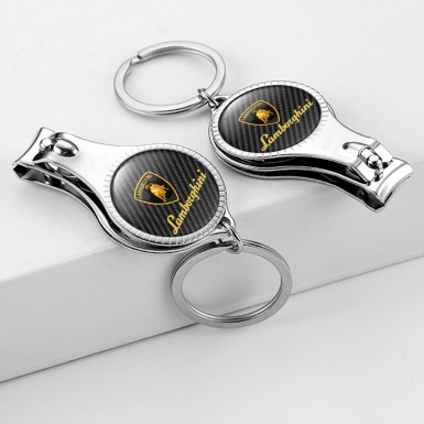 Lamborghini Keychain Fob Ring Nail Trimmer Dark Carbon Gold Shield Slogan Domed Sticker