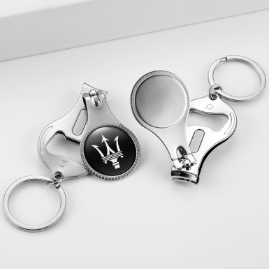 Maserati Key Chain Ring Nail Trimmer Classic Black Big White Logo Domed Sticker