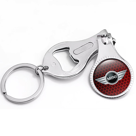 Mini Cooper Keychain Ring Fingernail Trimmer Red Honeycomb Metallic Logo