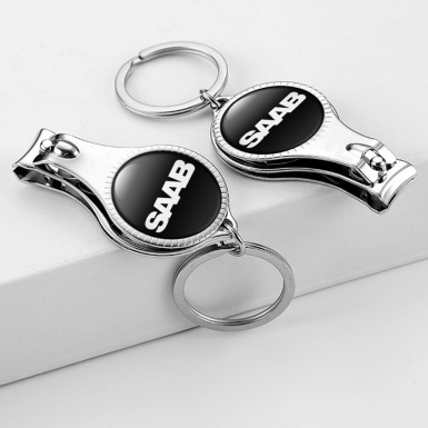 Saab Keychain Fingernail Trimmer Classic Black White Slogan Domed Emblem