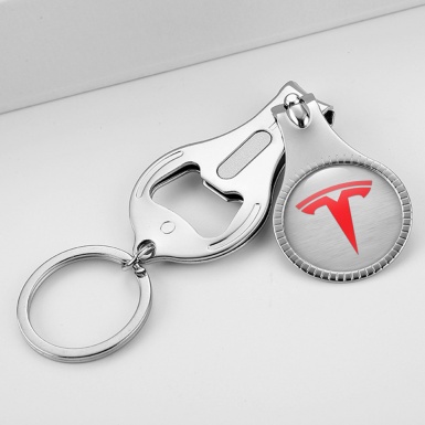 Tesla Keychain Nail Trimmer Brushed Aluminum Red Logo Edition