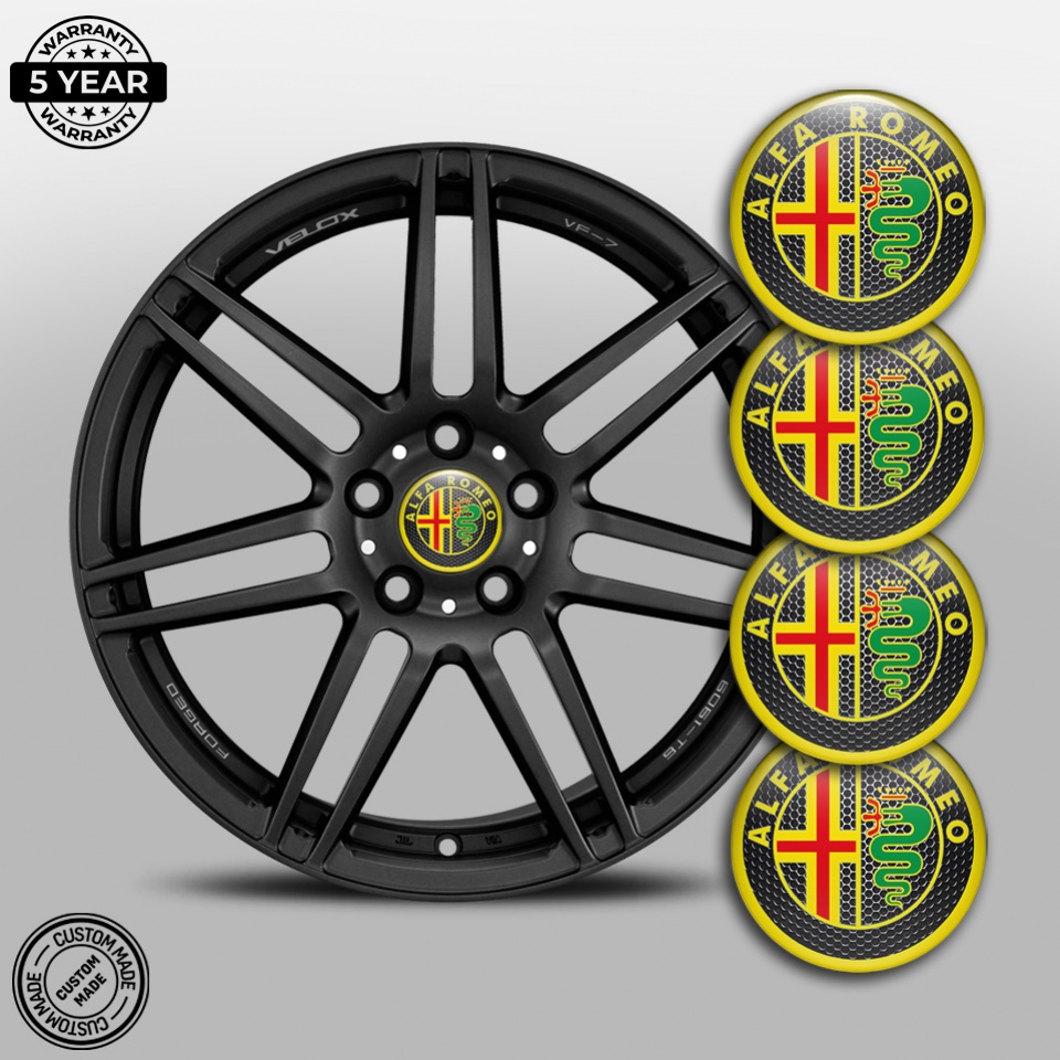 Alfa Romeo Stickers Center Wheel Caps Dark Mesh Yellow Design | Wheel ...