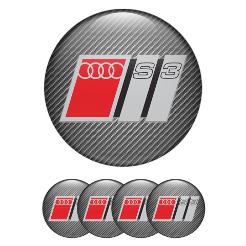 Audi S3 Wheel Emblems Carbon Grey Red Domed Logo