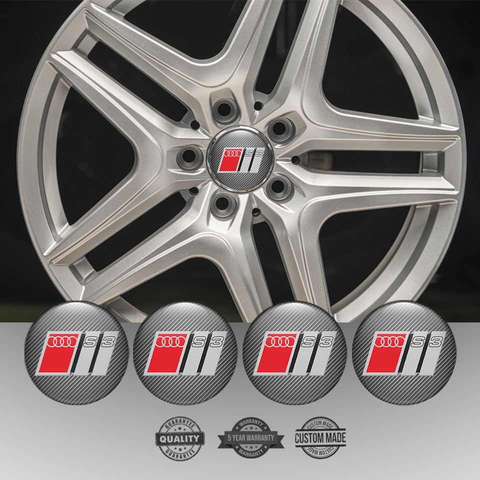 Audi S3 Wheel Emblems Carbon Grey Red Domed Logo | Wheel Emblems ...