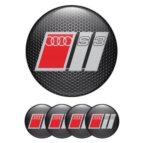 Audi S3 Wheel Emblems Dark Mesh Grey Red Domed Logo