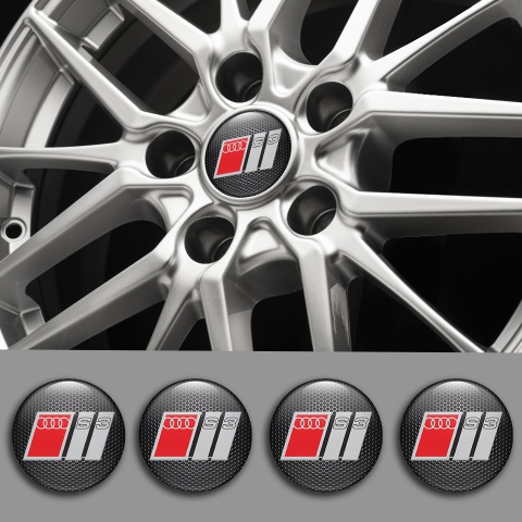 Audi S3 Wheel Emblems Dark Mesh Grey Red Domed Logo