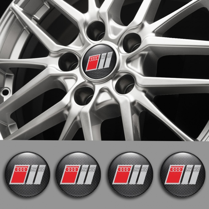 Audi S3 Wheel Emblems Dark Mesh Grey Red Domed Logo | Wheel Emblems ...