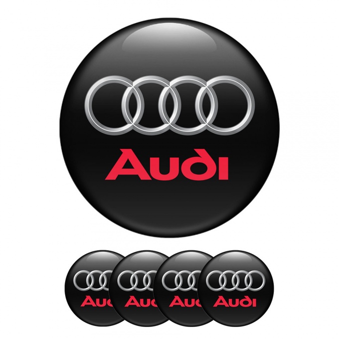 Audi Domed Stickers Wheel Center Cap Silver Rings Red Logo