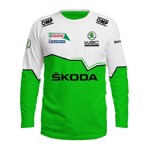 Skoda WRC T-Shirt Long Sleeve Neon Green White Design