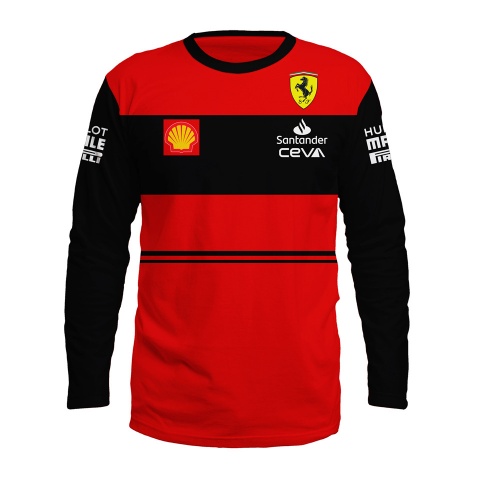 Ferrari T-shirt Long Sleeve Red Black Stripes Clean Design