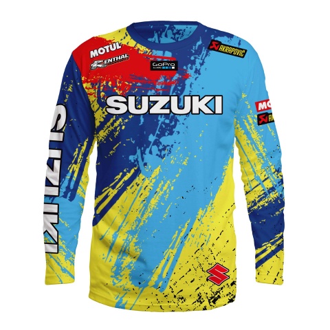 Suzuki T-Shirt Long Sleeve Blue Red Yellow Splatter Design