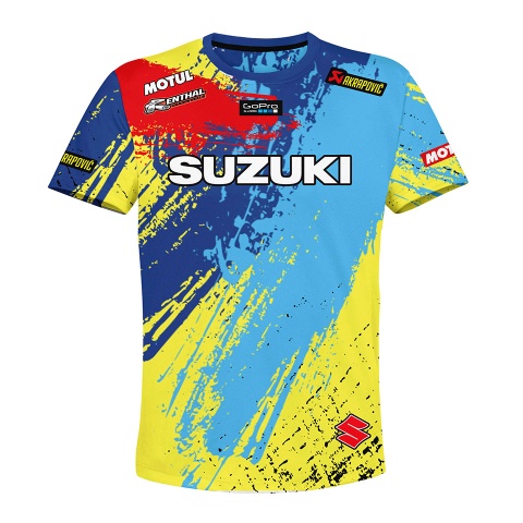 Suzuki T-Shirt Short Sleeve Blue Red Yellow Splatter Design