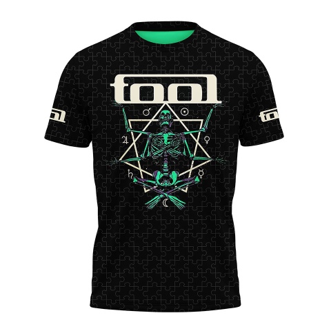 Music T-Shirt Tool Short Sleeve Black Green Skeleton Puzzle Print