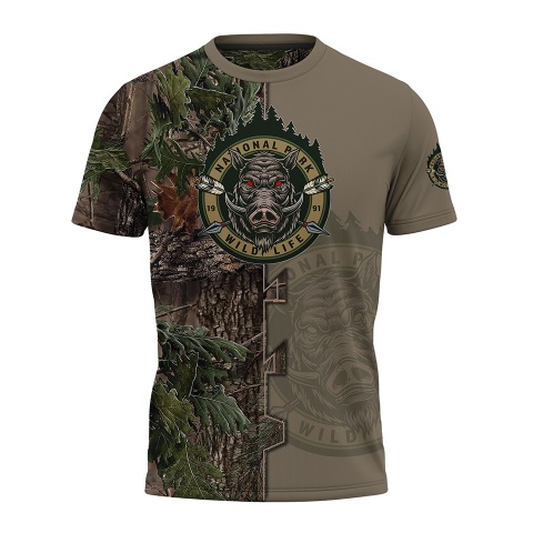 Hunting Short Sleeve T-Shirt Wild Boar Half Forest Full Color Print